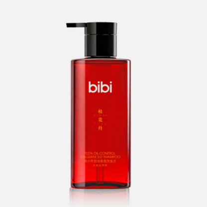 Red bottle with black pump labeled 'bibi' on a white background