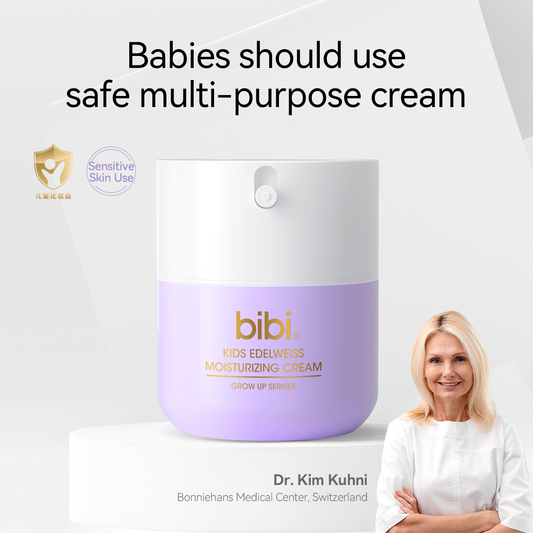 Packaging of bibi Kids Edelweiss Moisturizing Cream with a white and purple design, featuring a portrait of a smiling baby and a woman, presumably the doctor mentioned in the description.